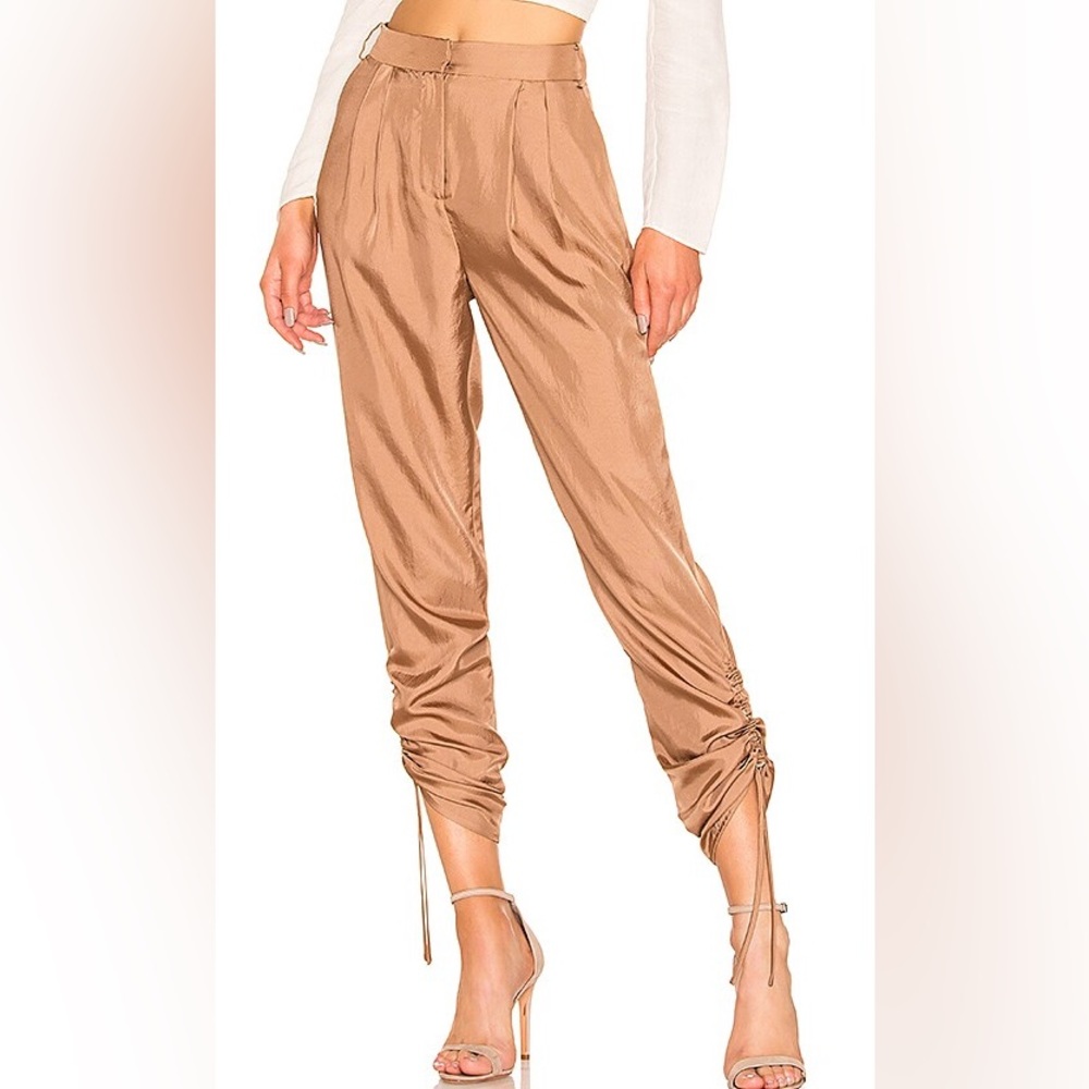 Tibi Medini Twill Pant in Sable Brown Sculpted Trousers Ankle Tie Pleat Skinny